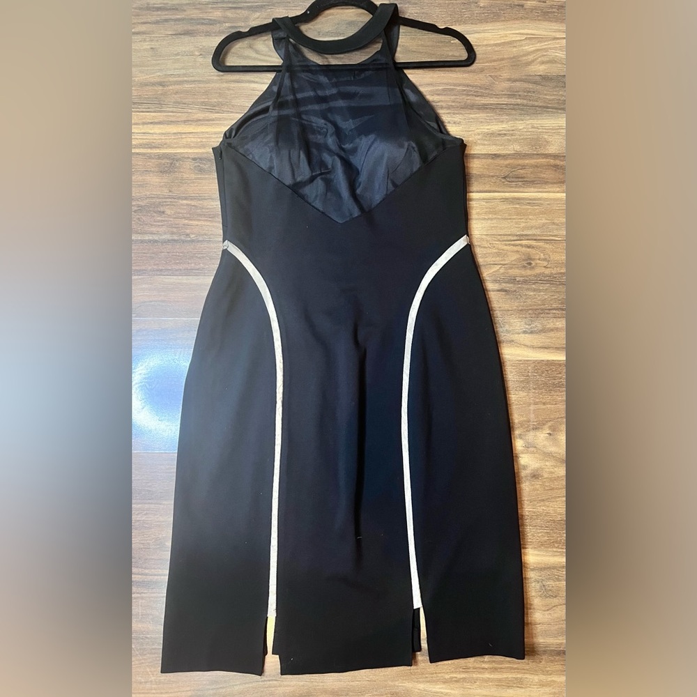 Aidan Mattox Black Midi Dress with sheer panel Trim - Picture 3 of 9